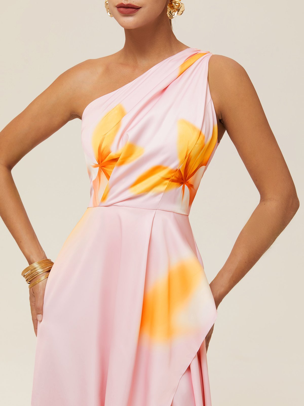 Pink Asymmetric Floral Classic One Shoulder Sleeveless A-Line Maxi Dress