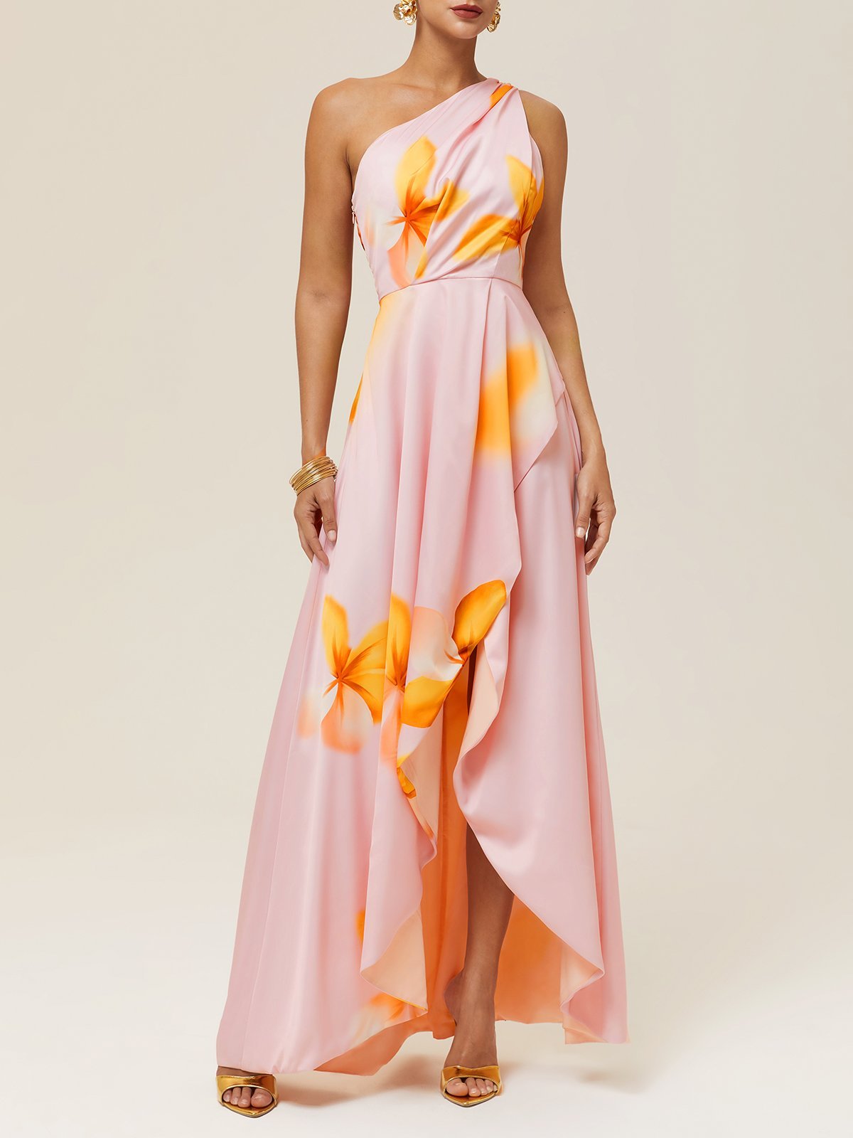Pink Asymmetric Floral Classic One Shoulder Sleeveless A-Line Maxi Dress