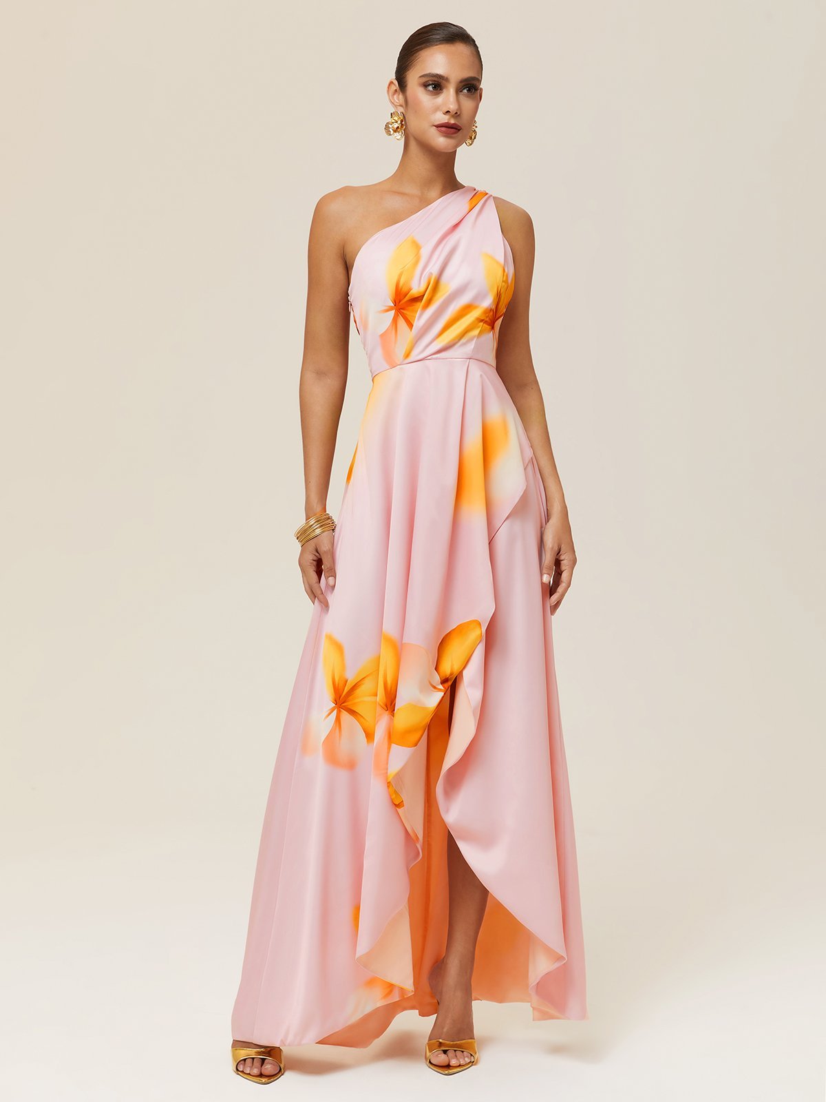 Pink Asymmetric Floral Classic One Shoulder Sleeveless A-Line Maxi Dress