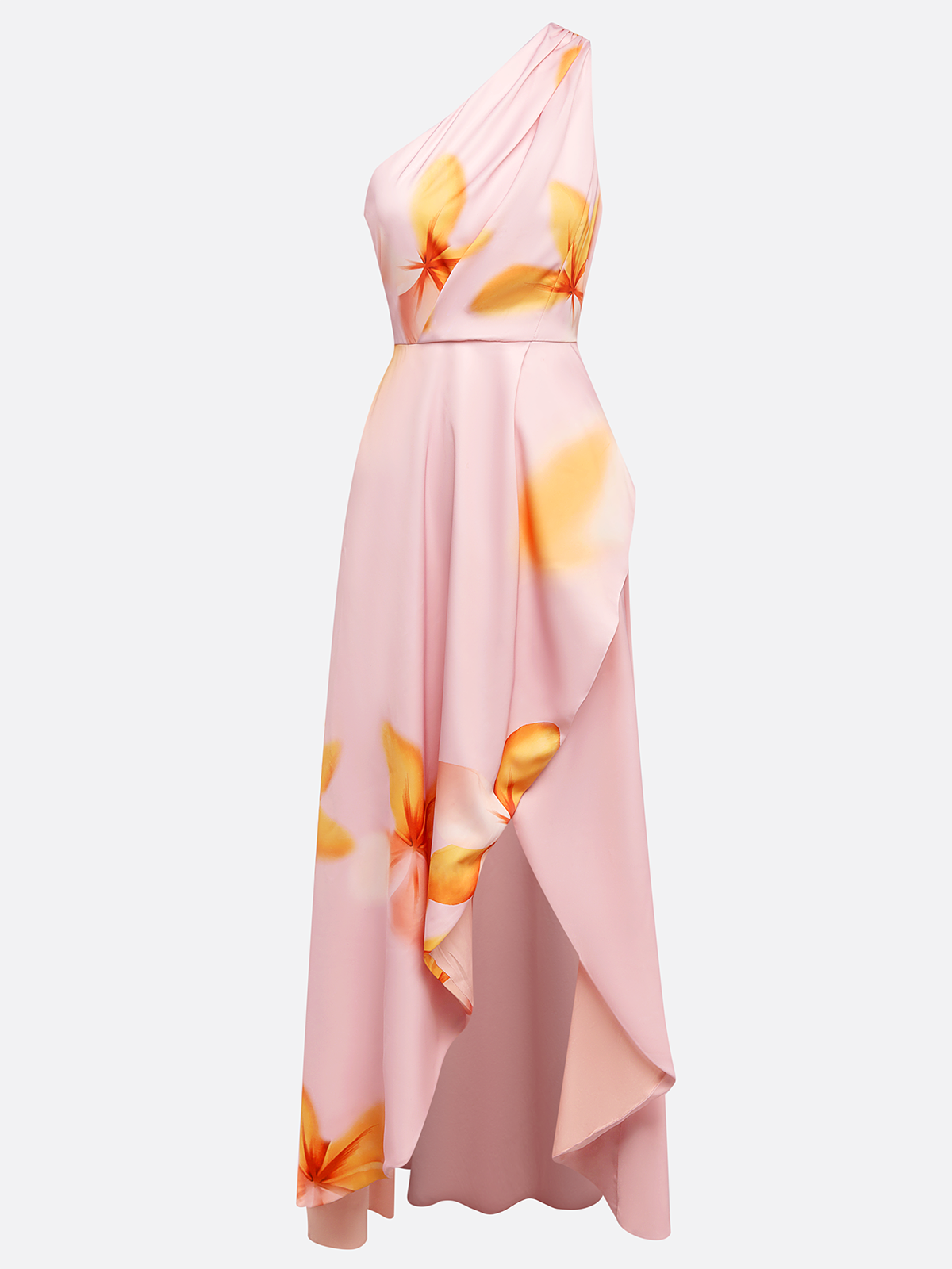 Pink Asymmetric Floral Classic One Shoulder Sleeveless A-Line Maxi Dress