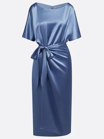 Blue Short Sleeve Satin A-Line Tie Waist Midi Dress