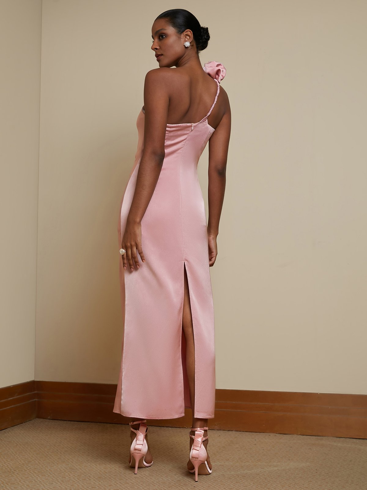 Pink Satin One-Shoulder 3D Floral Maxi Slip Dress
