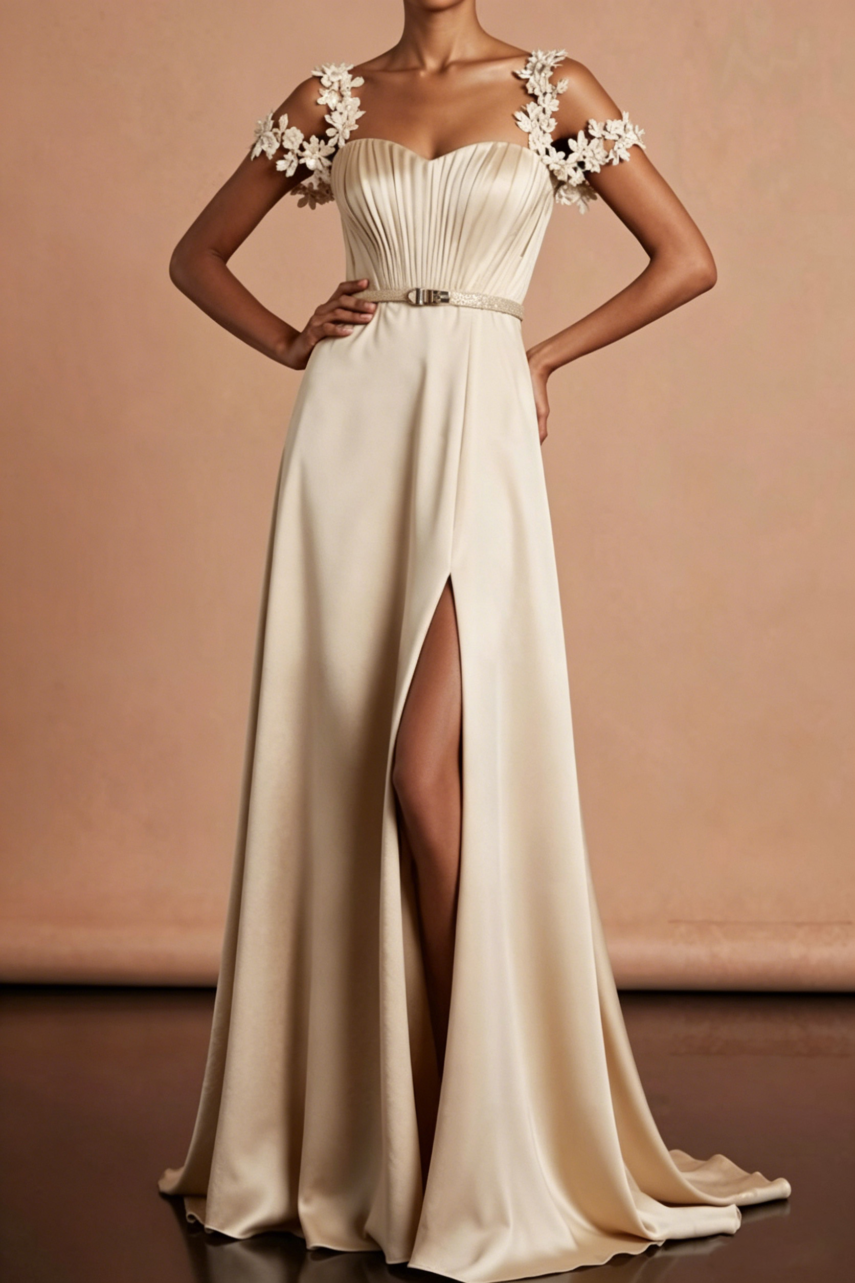Ivory Formal Evening Dress Applique Cold Shoulder Satin Maxi Dress with Slit