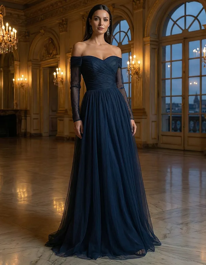 Navy Blue Chiffon Off-shoulder Long Sleeve Maxi Dress