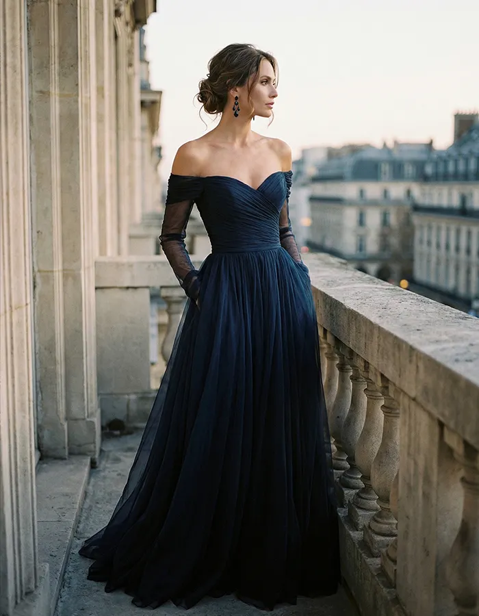 Navy Blue Chiffon Off-shoulder Long Sleeve Maxi Dress
