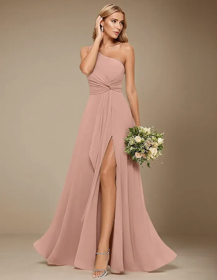 Solid Color One Shoulder Chiffon Maxi Dress