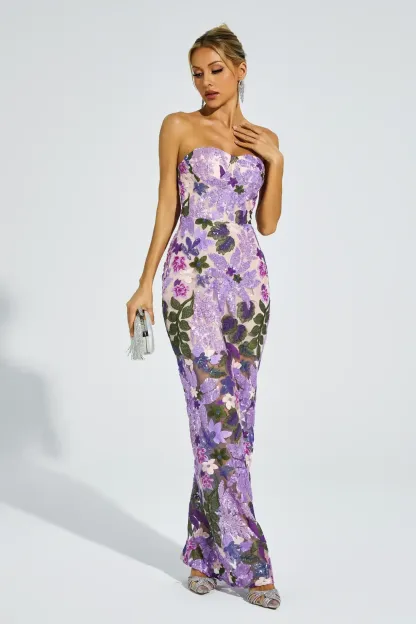 Leanna Blue Flower Embroidered Maxi Dress