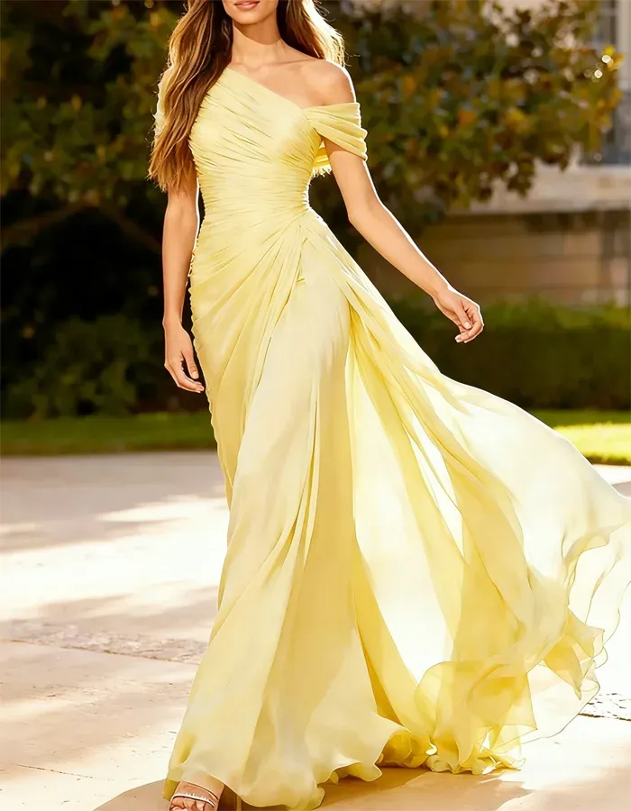 One-Shoulder Pleated Chiffon Maxi Dress