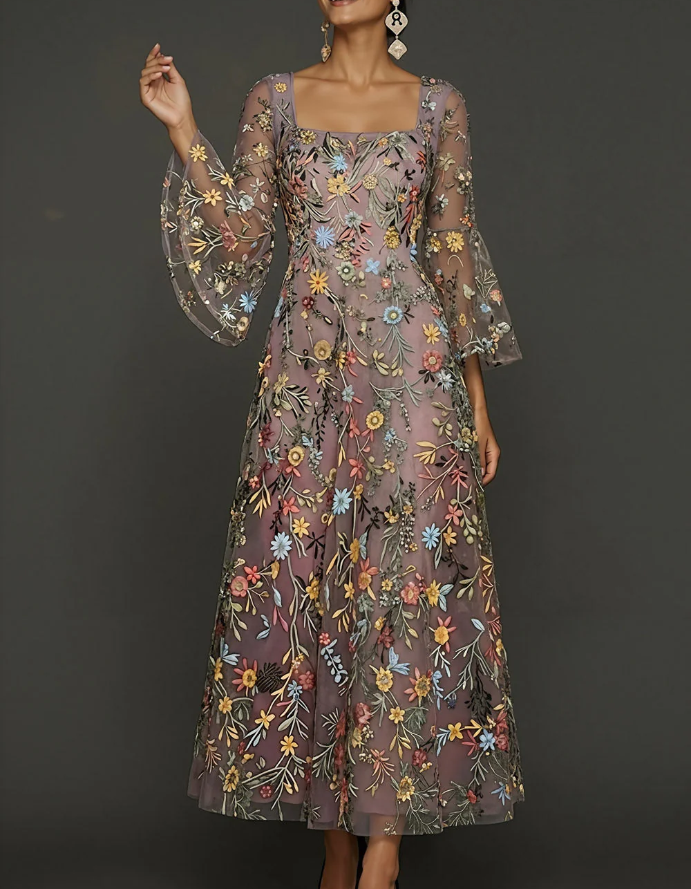 Chiffon Lace Embroidered Square Neck Fitted Waist Maxi Dress