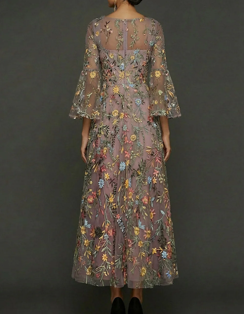 Chiffon Lace Embroidered Square Neck Fitted Waist Maxi Dress