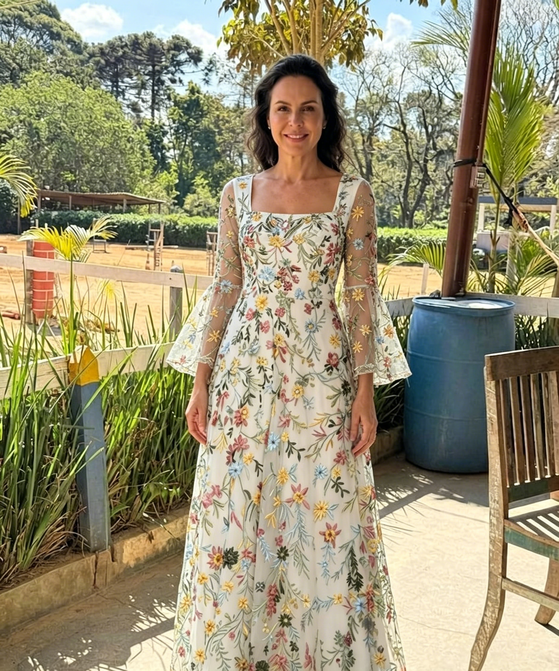 Chiffon Lace Embroidered Square Neck Fitted Waist Maxi Dress