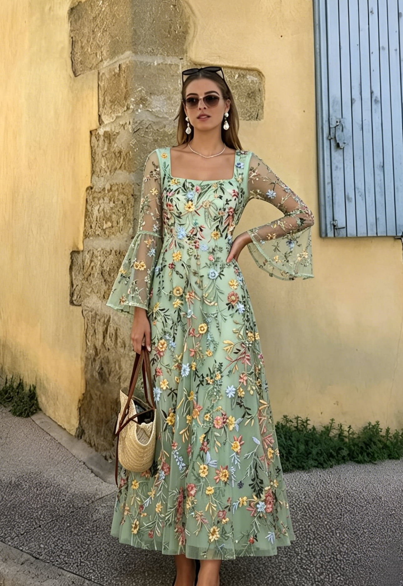 Chiffon Lace Embroidered Square Neck Fitted Waist Maxi Dress