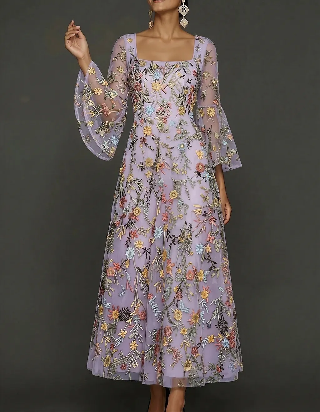 Chiffon Lace Embroidered Square Neck Fitted Waist Maxi Dress
