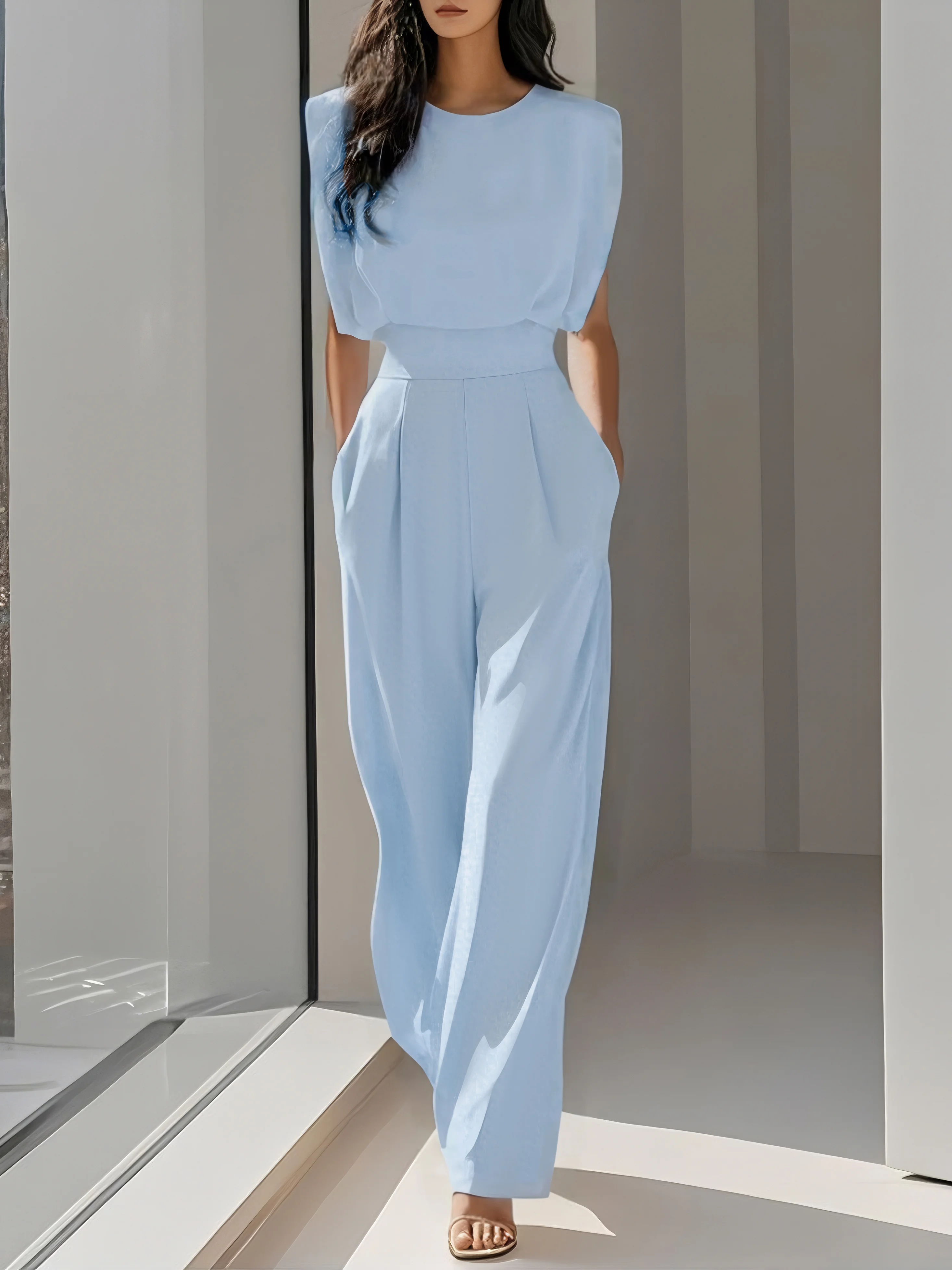 Women Off White Crew Neck Sleeveless Dressy Jumpsuit With Pockets