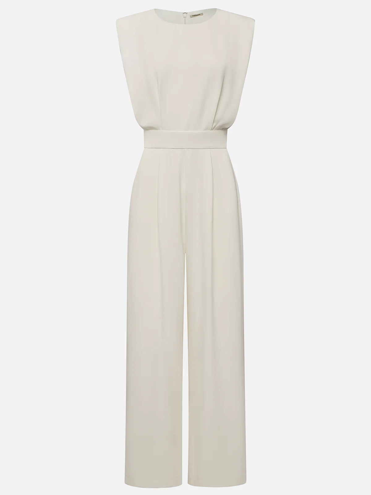 Women Off White Crew Neck Sleeveless Dressy Jumpsuit With Pockets