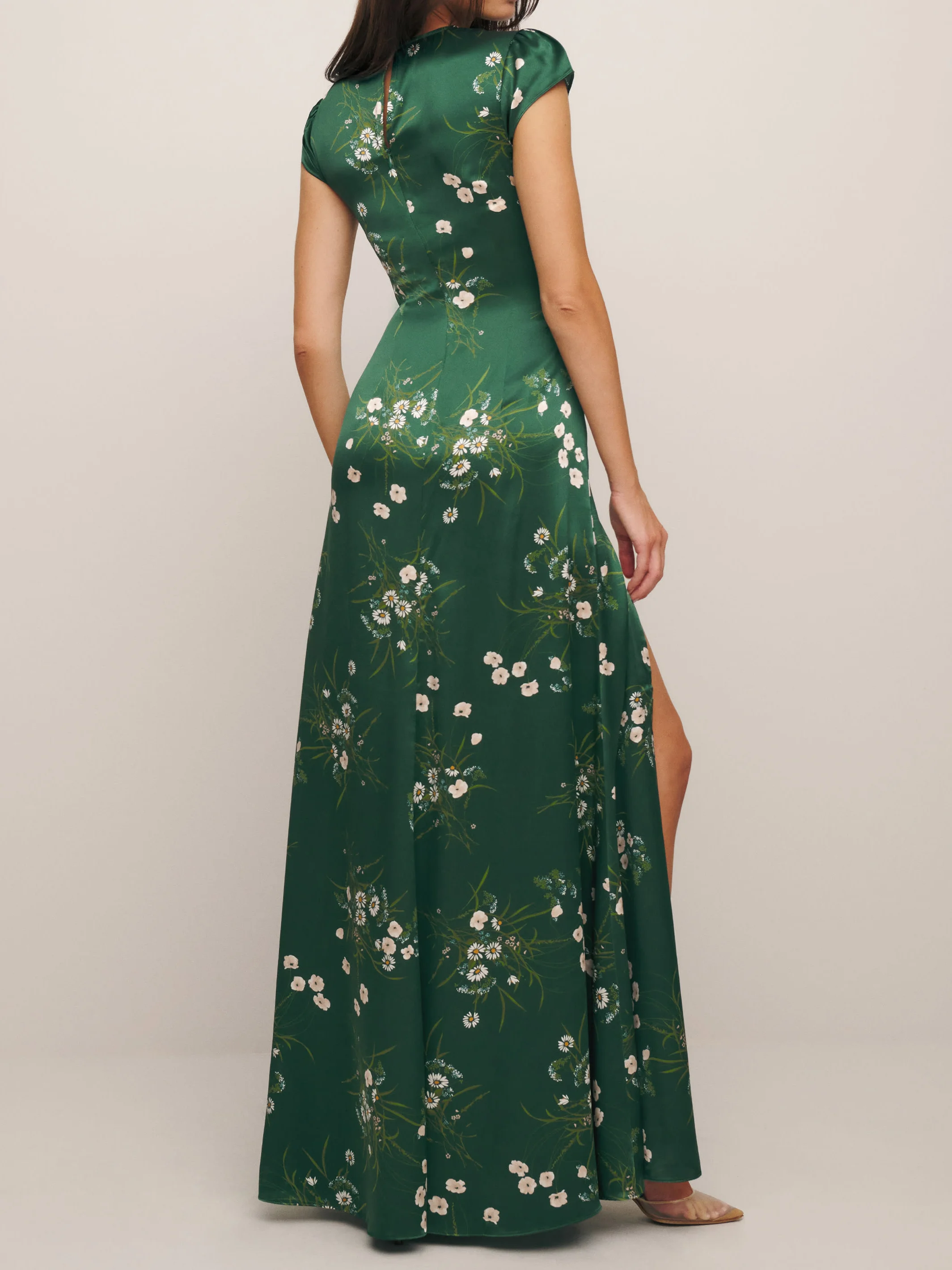 Green Slit Floral Satin Crew Neck Cap Sleeve A-Line Maxi Dress