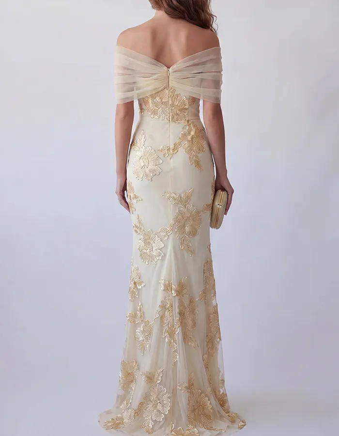 Ivory Tulle Off-the-Shoulder with 3D Floral Maxi Dress