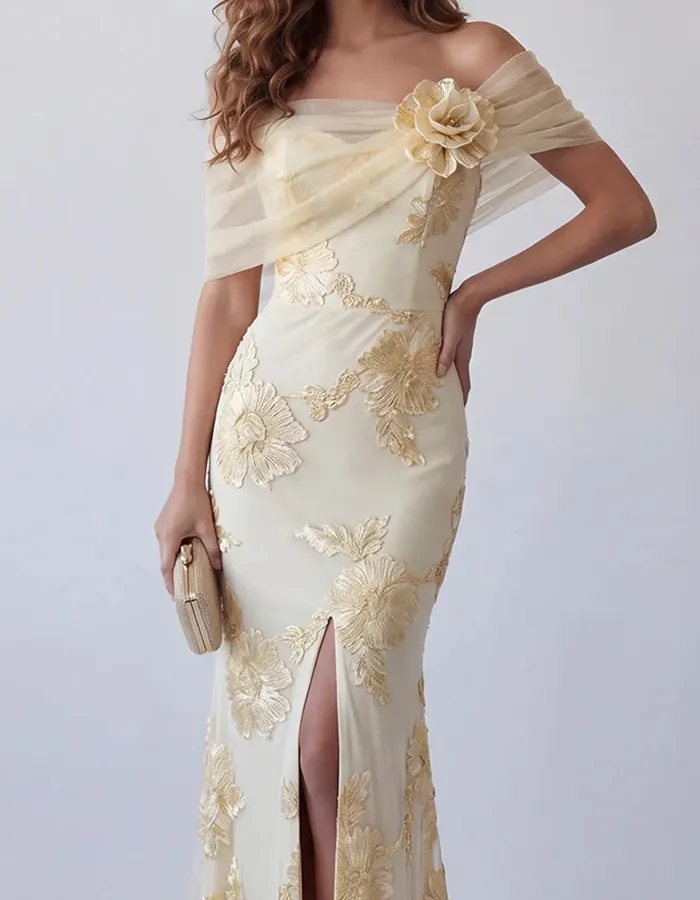 Ivory Tulle Off-the-Shoulder with 3D Floral Maxi Dress