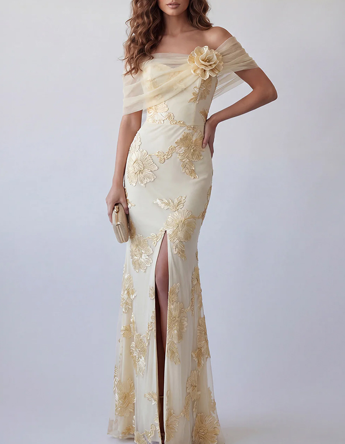 Ivory Tulle Off-the-Shoulder with 3D Floral Maxi Dress