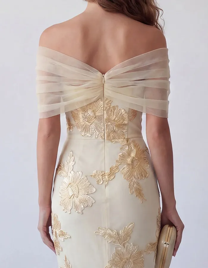 Ivory Tulle Off-the-Shoulder with 3D Floral Maxi Dress