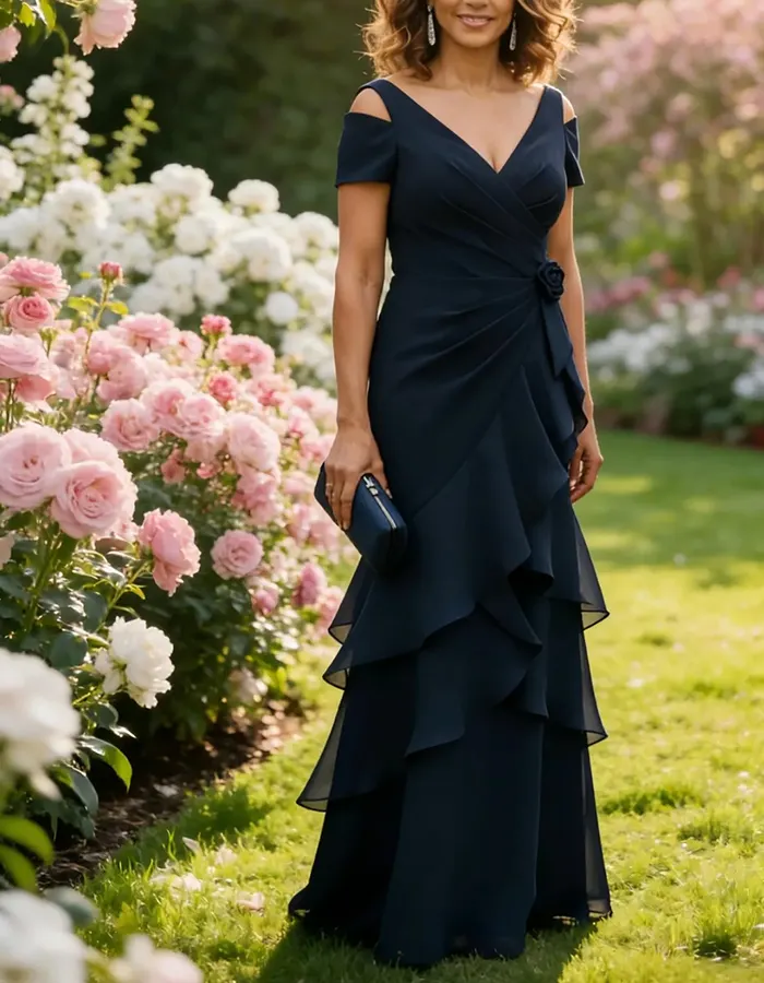 Navy Blue Cold-Shoulder Tiered Chiffon Ruffle Maxi Dress