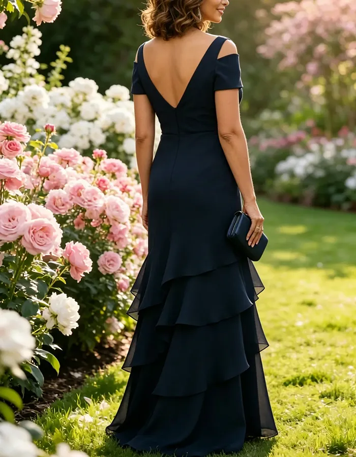 Navy Blue Cold-Shoulder Tiered Chiffon Ruffle Maxi Dress