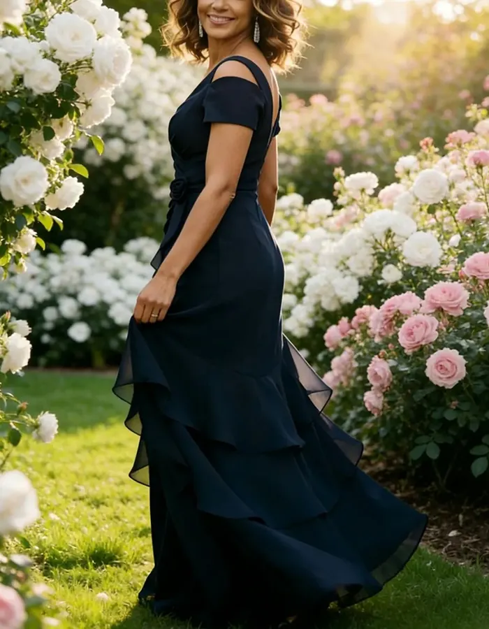 Navy Blue Cold-Shoulder Tiered Chiffon Ruffle Maxi Dress