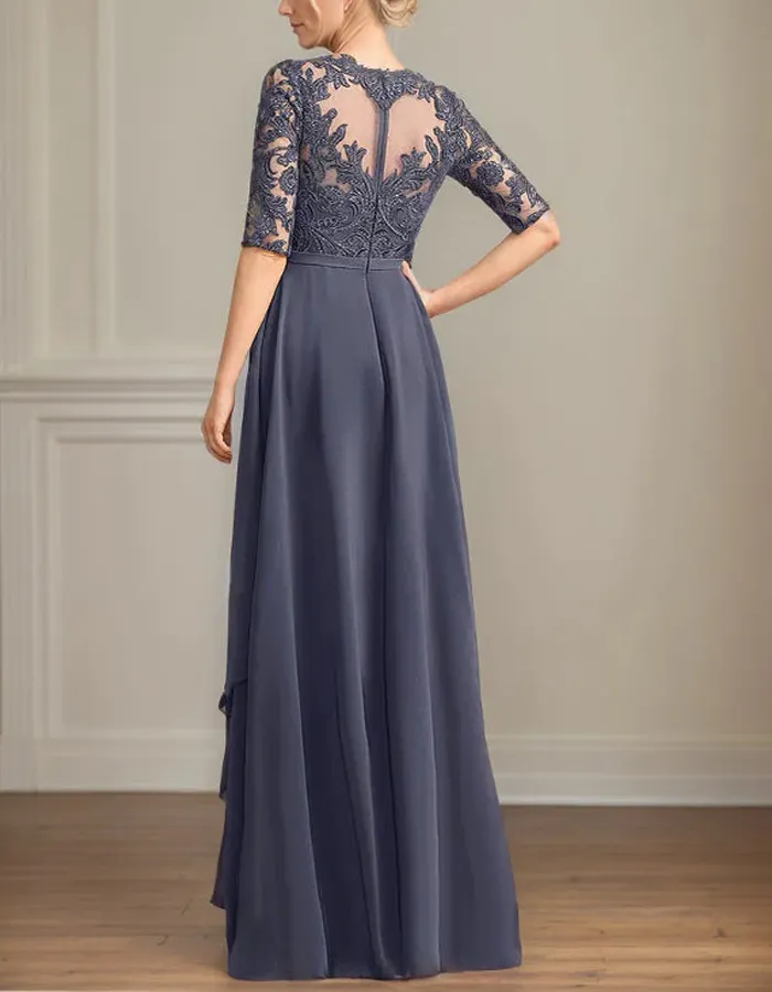 Blue Gray Lace Chiffon Maxi Dress