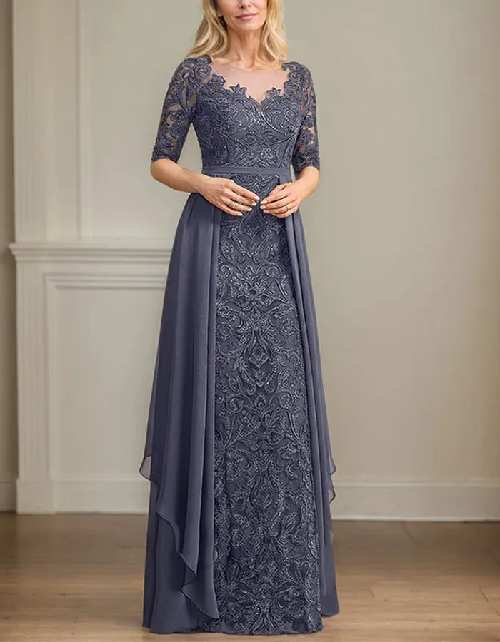 Blue Gray Lace Chiffon Maxi Dress