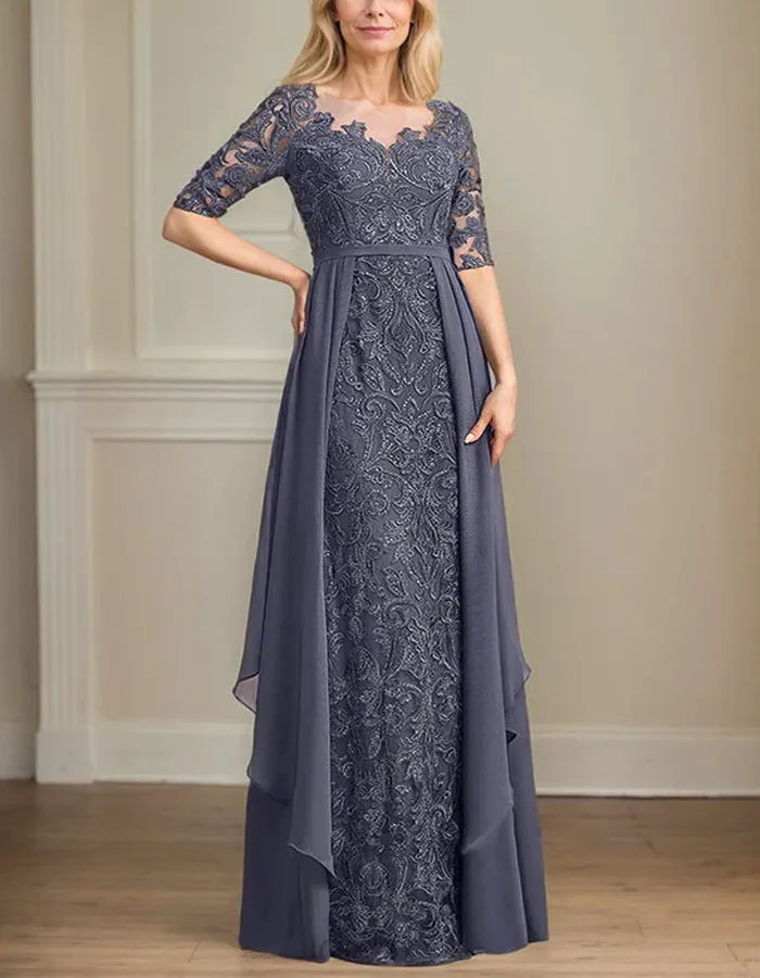 Blue Gray Lace Chiffon Maxi Dress