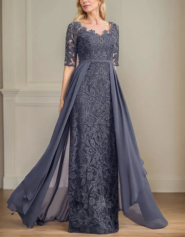 Blue Gray Lace Chiffon Maxi Dress