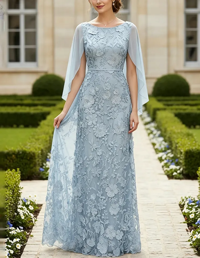 Light Blue Boat Neck Lace & Chiffon Maxi Dress
