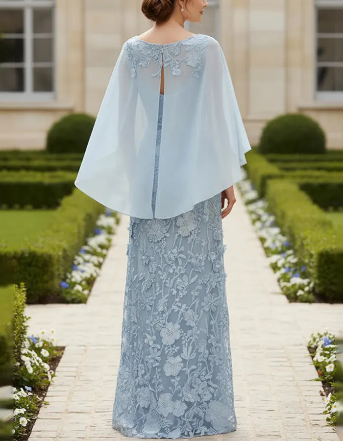 Light Blue Boat Neck Lace & Chiffon Maxi Dress