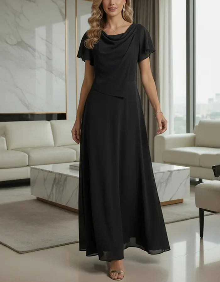 Cowl Neck Chiffon A-Line Maxi Dress