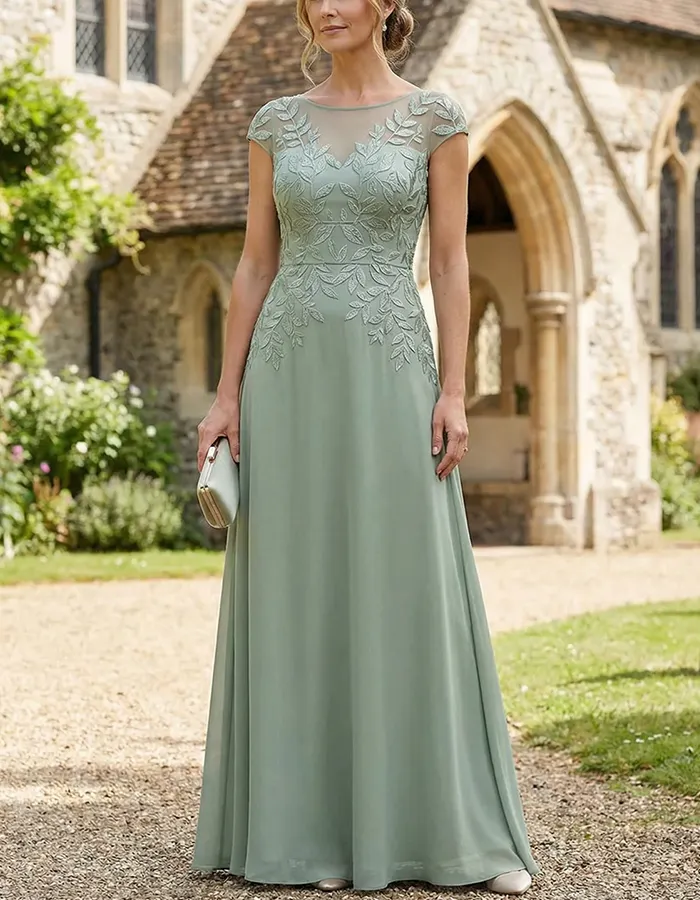 Leaf Embroidery Chiffon A-Line Maxi Dress