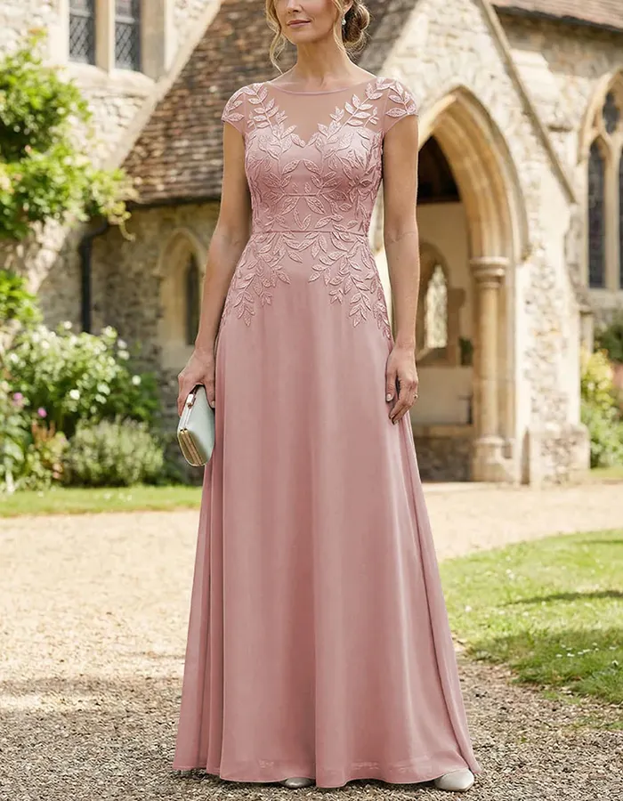 Leaf Embroidery Chiffon A-Line Maxi Dress