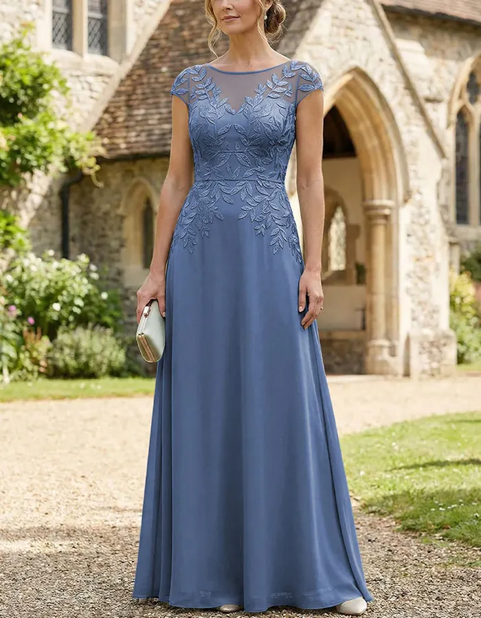 Leaf Embroidery Chiffon A-Line Maxi Dress