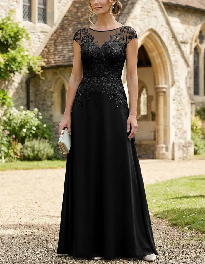 Leaf Embroidery Chiffon A-Line Maxi Dress
