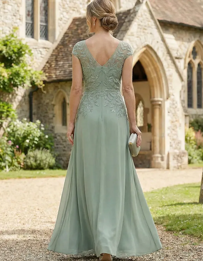 Leaf Embroidery Chiffon A-Line Maxi Dress