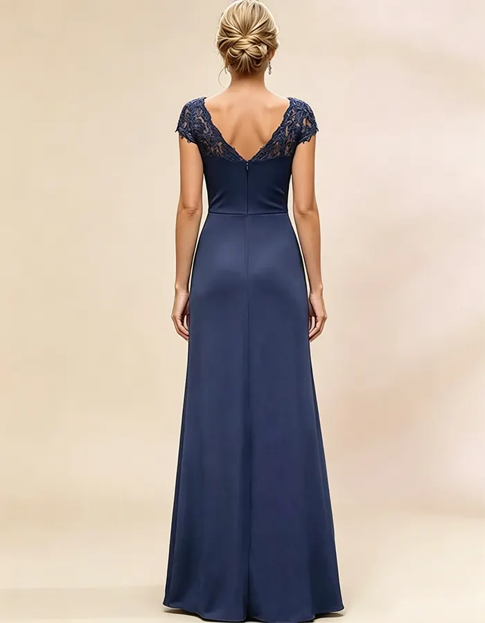 Navy Blue V-Neck Lace Beaded Chiffon Maxi Dress