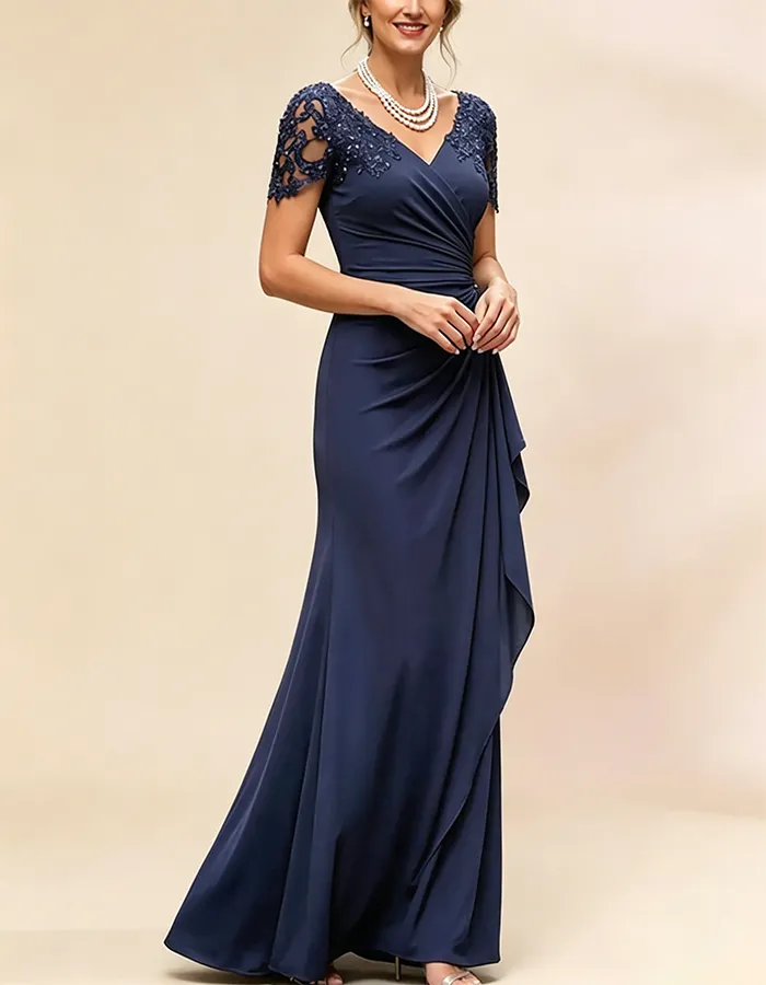 Navy Blue V-Neck Lace Beaded Chiffon Maxi Dress