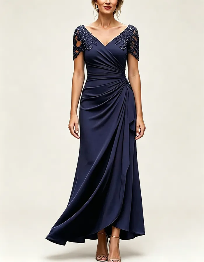 Navy Blue V-Neck Lace Beaded Chiffon Maxi Dress