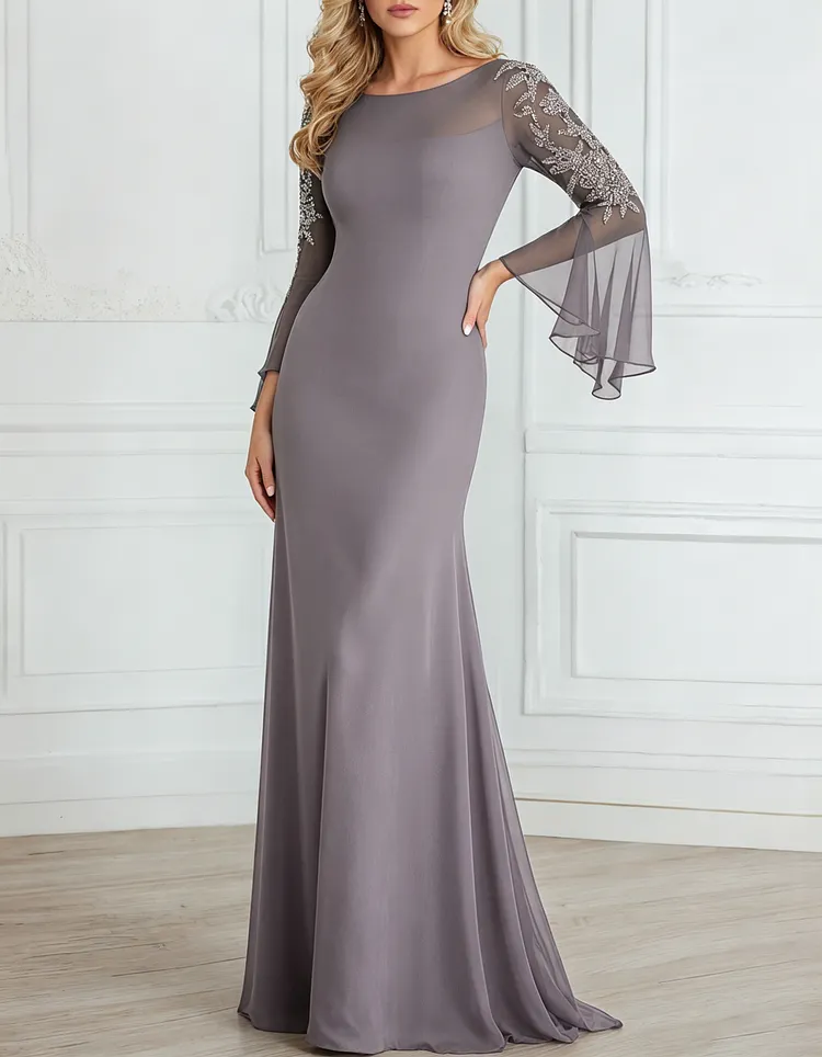 Chiffon Sequined Lace Embroidered Round Neck Fishtail Maxi Dress