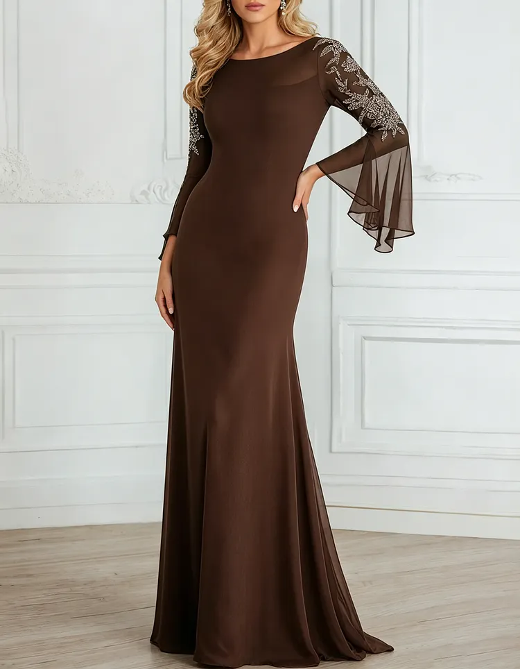 Chiffon Sequined Lace Embroidered Round Neck Fishtail Maxi Dress