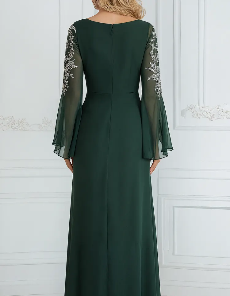 Chiffon Sequined Lace Embroidered Round Neck Fishtail Maxi Dress