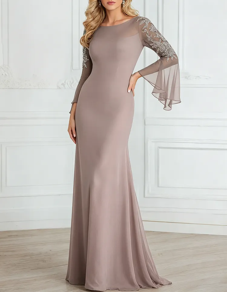 Chiffon Sequined Lace Embroidered Round Neck Fishtail Maxi Dress