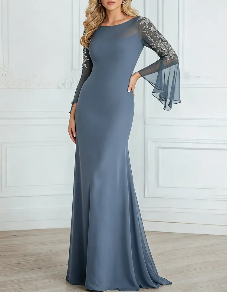 Chiffon Sequined Lace Embroidered Round Neck Fishtail Maxi Dress