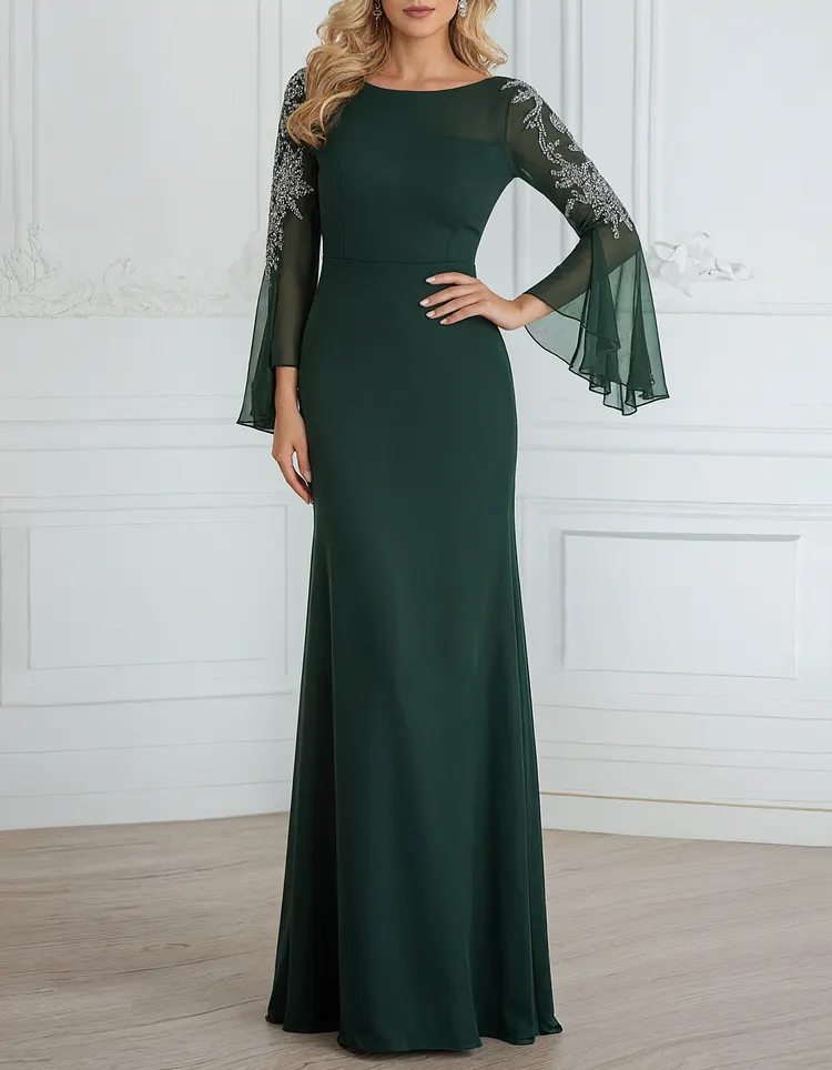 Chiffon Sequined Lace Embroidered Round Neck Fishtail Maxi Dress