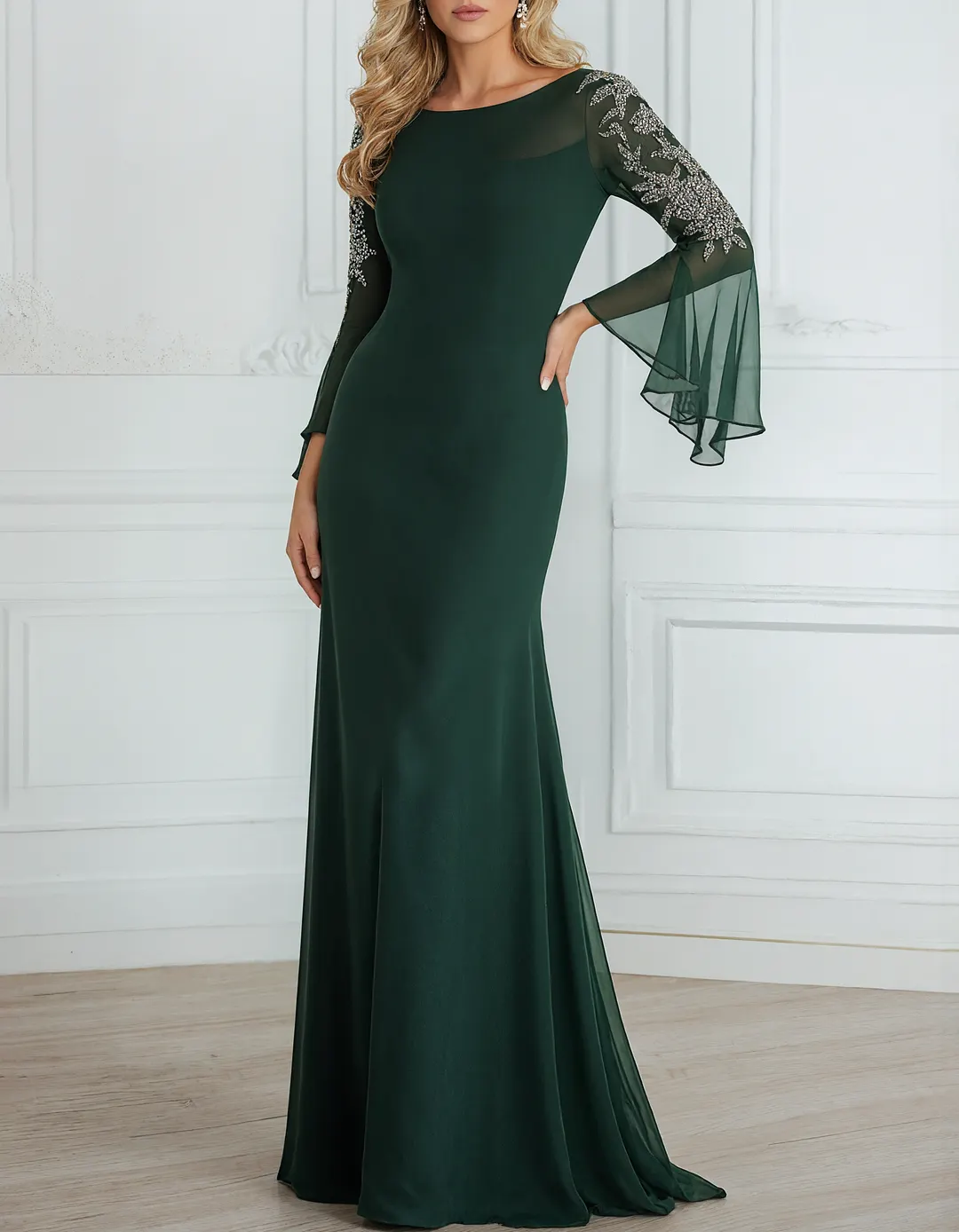 Chiffon Sequined Lace Embroidered Round Neck Fishtail Maxi Dress