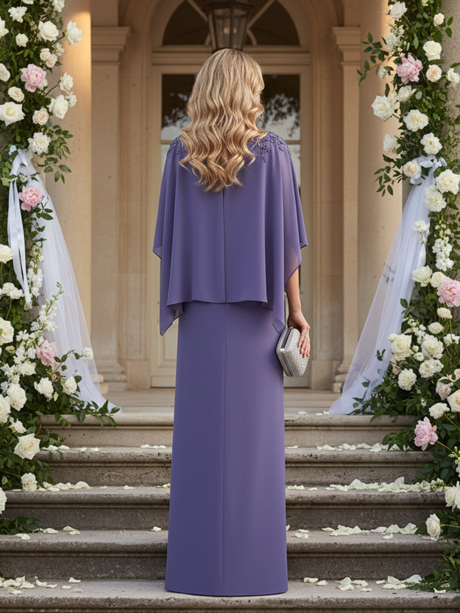 Sheath/Column Scoop Neck Floor-Length Mother of the Bride Dresses with Cape